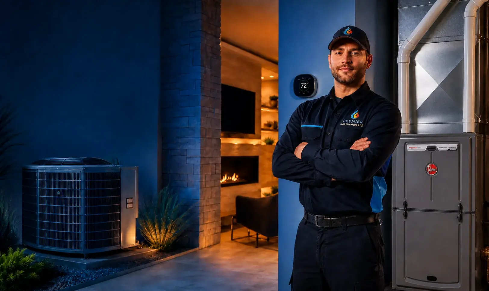 Premier Gas Services technician with HVAC equipment